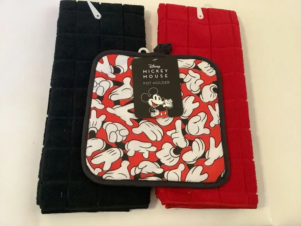 Disney Mickey Mouse Potholder & 2 Pc Kitchen Towel Set - NWT -